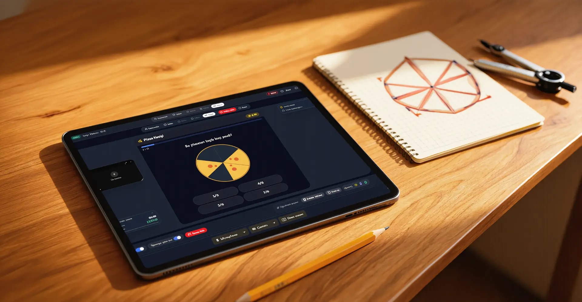 Ders öncesi tablette matematik oyunu oynayan öğrenci, yanında defter ve kalem