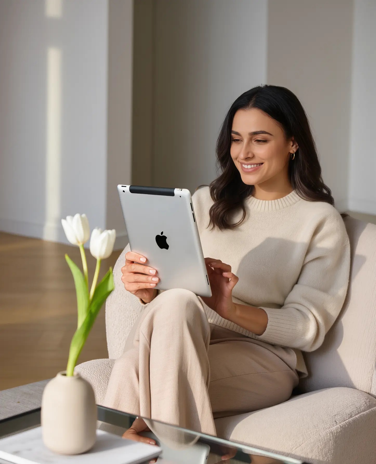 Bir veli tablette çocuğunun gelişim raporunu okurken gülümsüyor